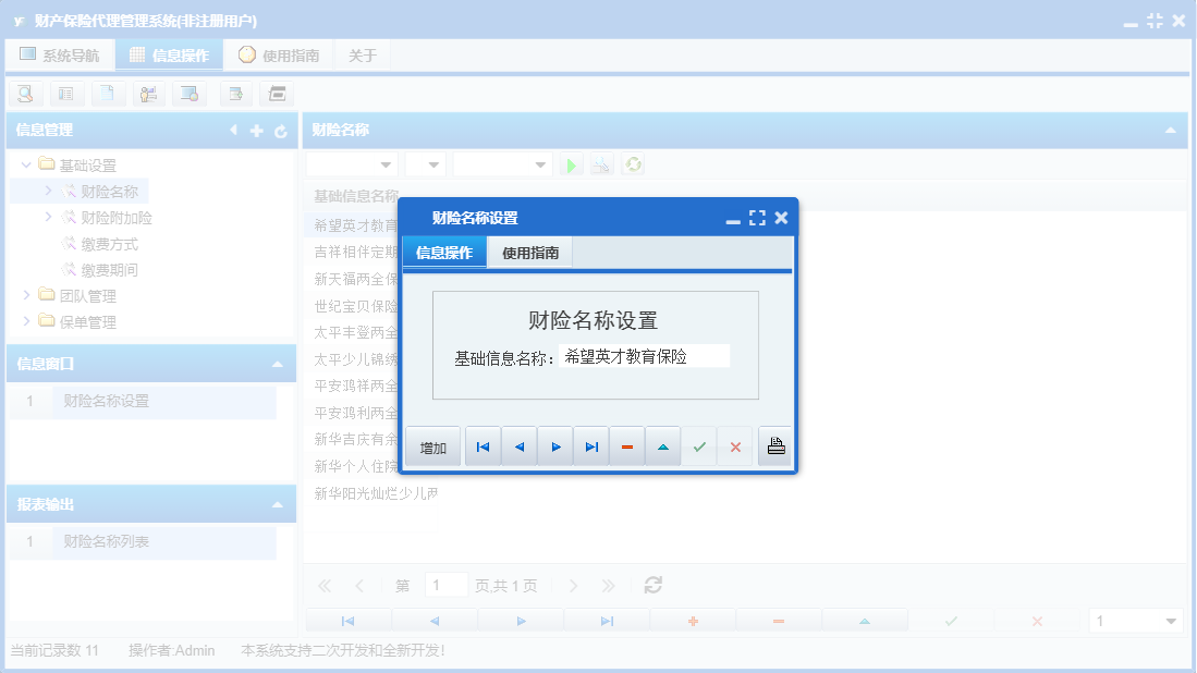 财险名称设置信息窗口