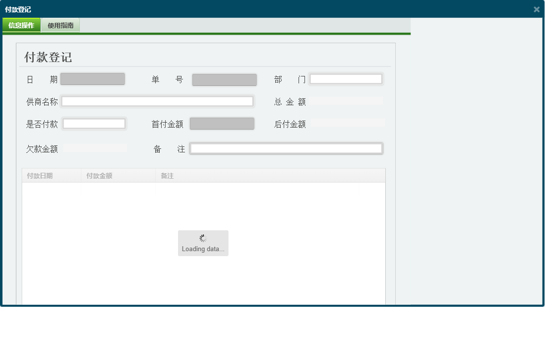 付款登记信息窗口