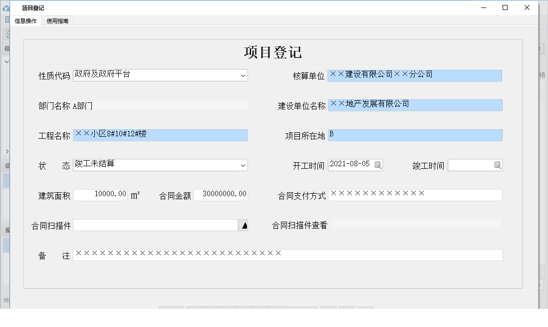 项目登记信息窗口