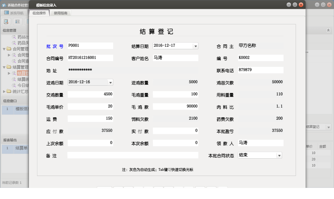 模板信息录入信息窗口