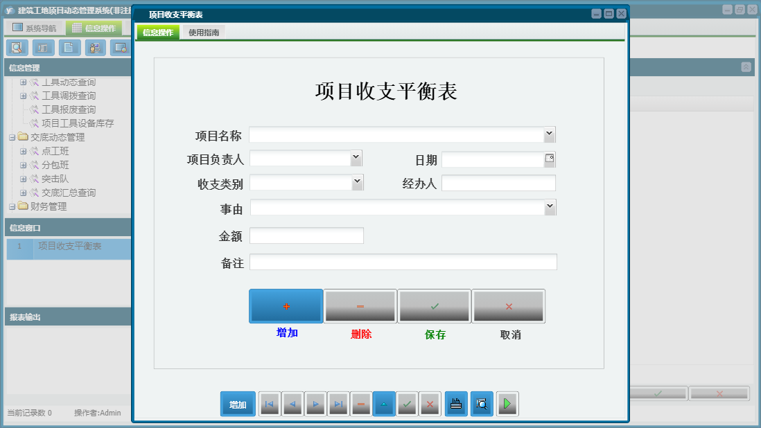 项目收支平衡表信息窗口