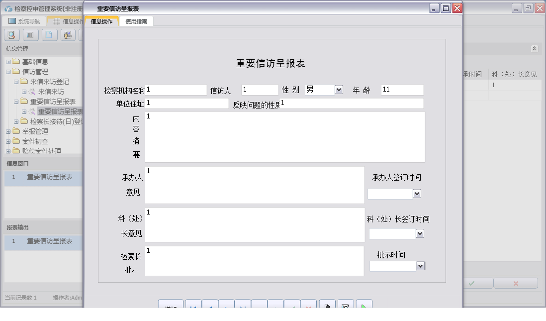 重要信访呈报表信息窗口