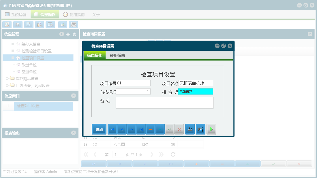 检查项目设置信息窗口