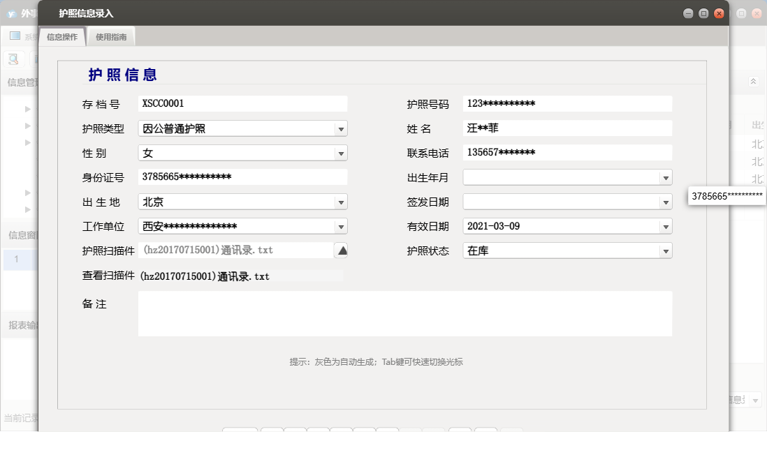 护照信息录入信息窗口