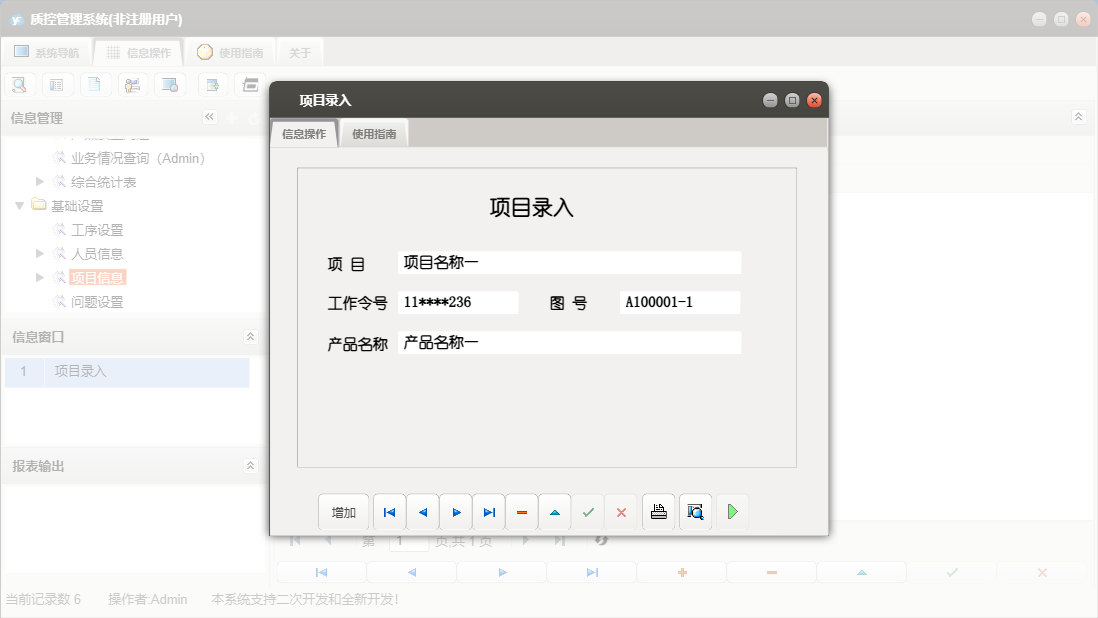 项目录入信息窗口