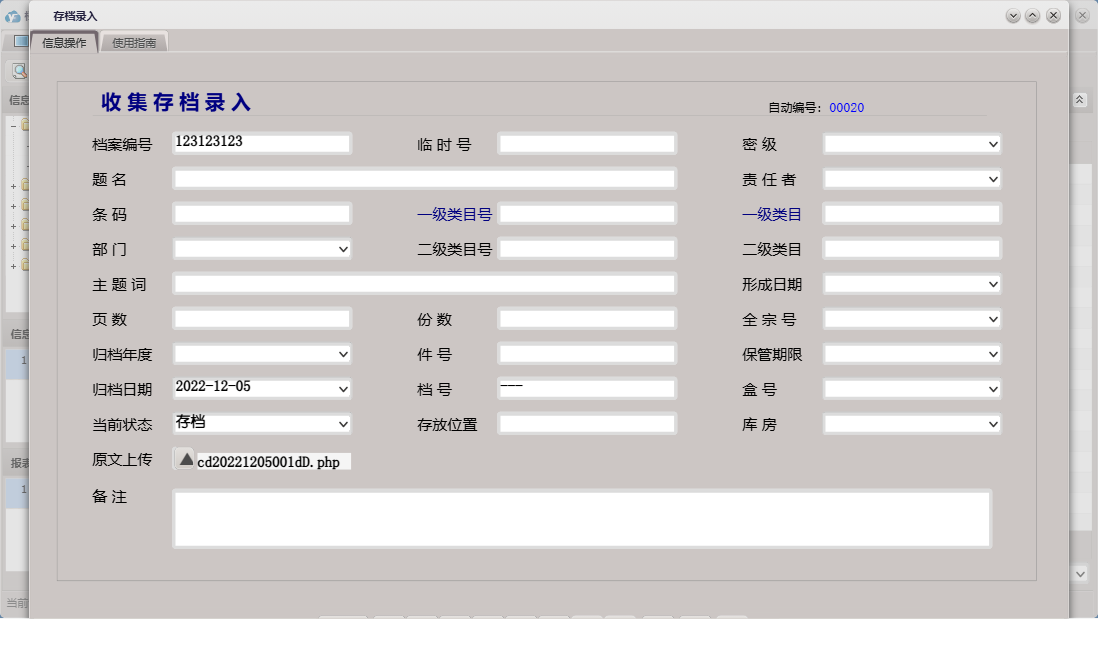 存档录入信息窗口