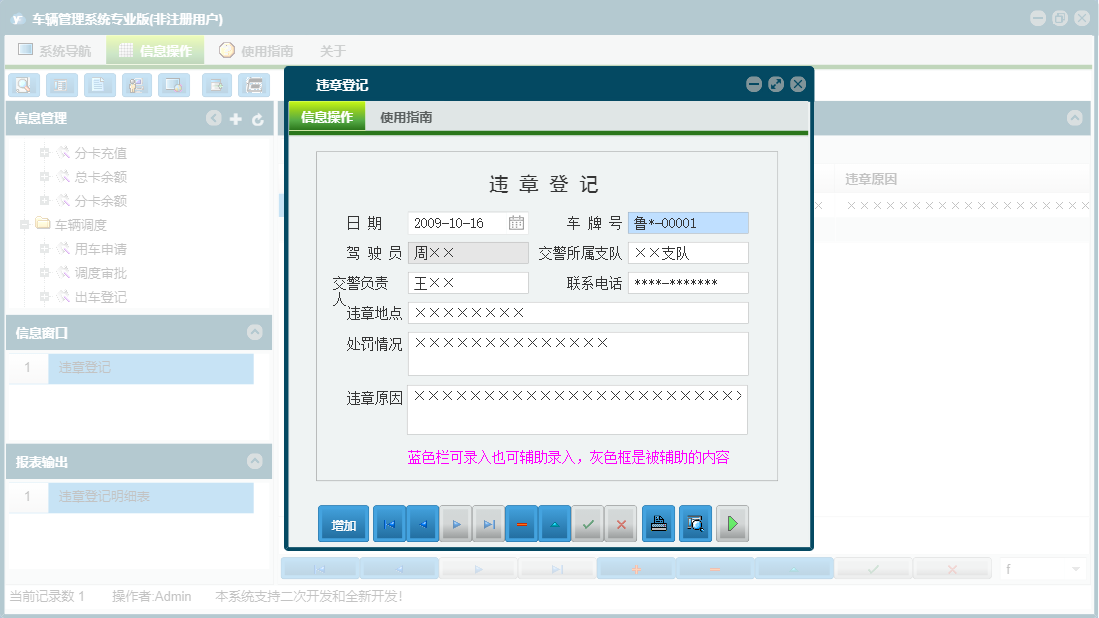 违章登记信息窗口